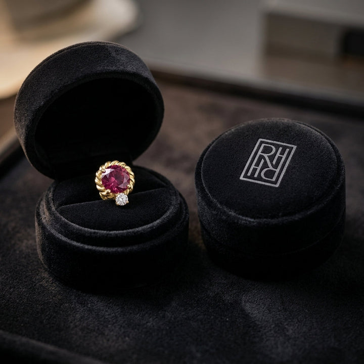 Rhodolite Garnet & Diamond Ripple Edge Halo Stud Earrings 1/5ctw in 14K Yellow Gold - presentation