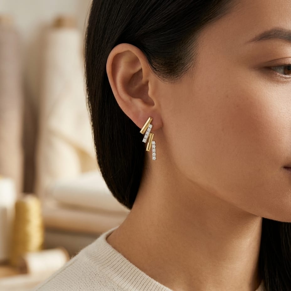 Stacked Bar Diamond Earrings 1/5ctw in 14K Yellow Gold - lifestyle