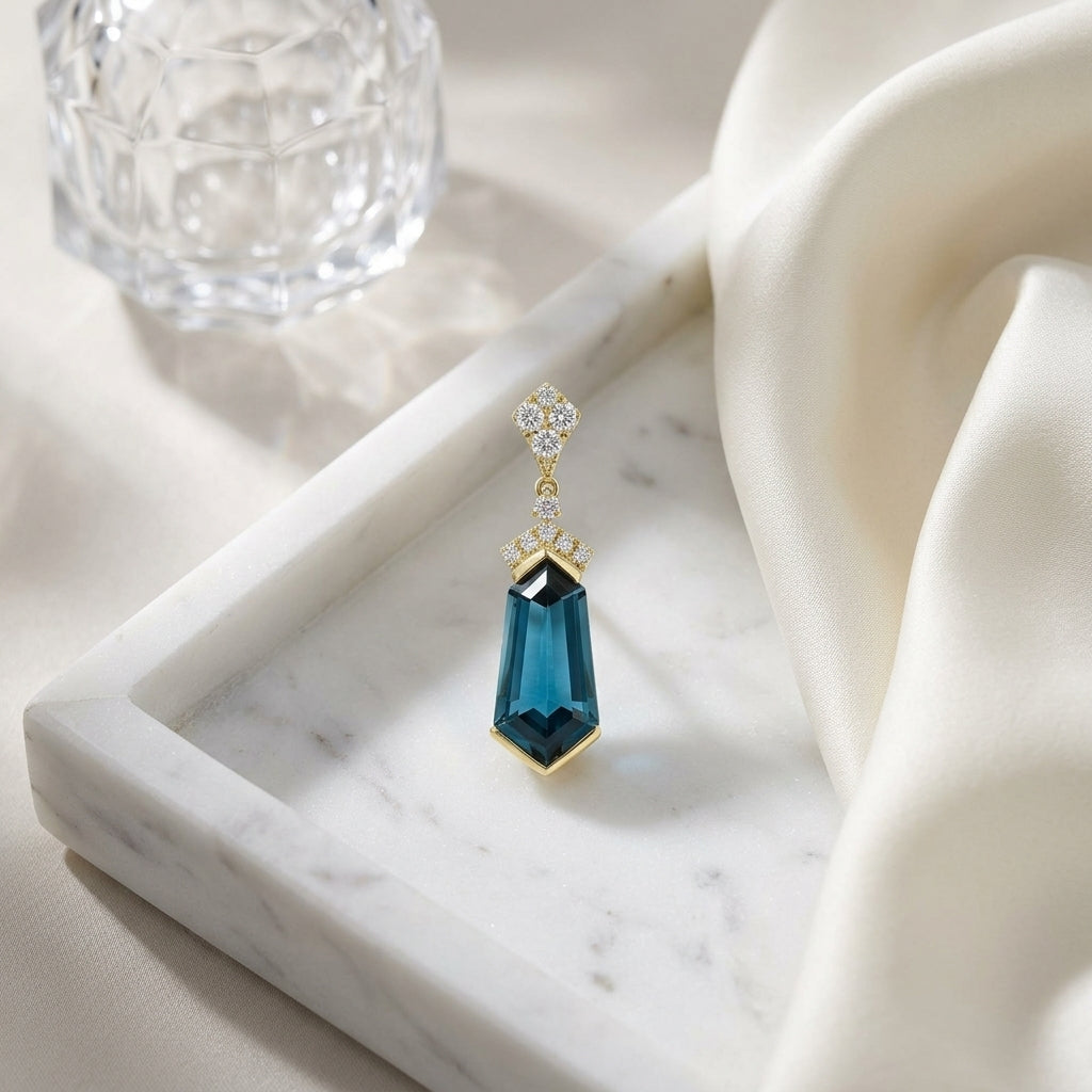 London Blue Topaz & Diamond Shield Drop Earrings 1/4ctw in 14K Yellow Gold - lifestyle