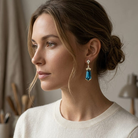London Blue Topaz & Diamond Shield Drop Earrings 1/4ctw in 14K Yellow Gold - editorial