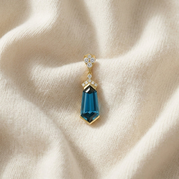 London Blue Topaz & Diamond Shield Drop Earrings 1/4ctw in 14K Yellow Gold - flat lay