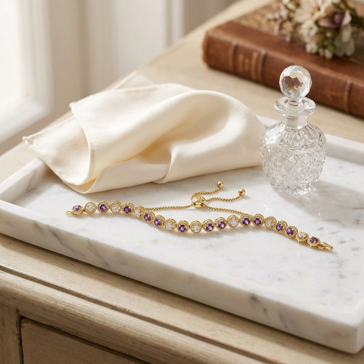 Alternating Amethyst & Diamond Bolo Bracelet 1.0ctw in 14K Yellow Gold - lifestyle