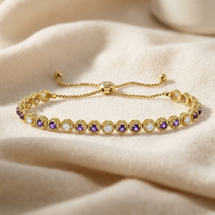 Alternating Amethyst & Diamond Bolo Bracelet 1.0ctw in 14K Yellow Gold - flat lay