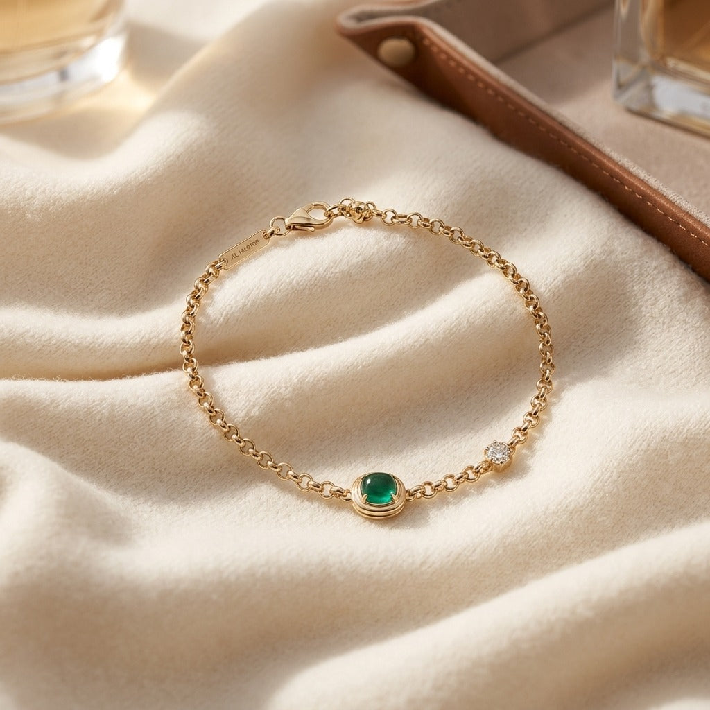 Diamond Bracelet with Created Emerald 7x5 Cushion Bracelet in 14K Yellow Gold - flat lay