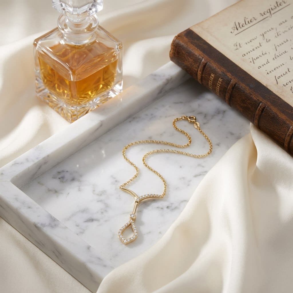 Open Kite Diamond Drop Necklace in 14K Yellow Gold, on marble vanity tray with silk