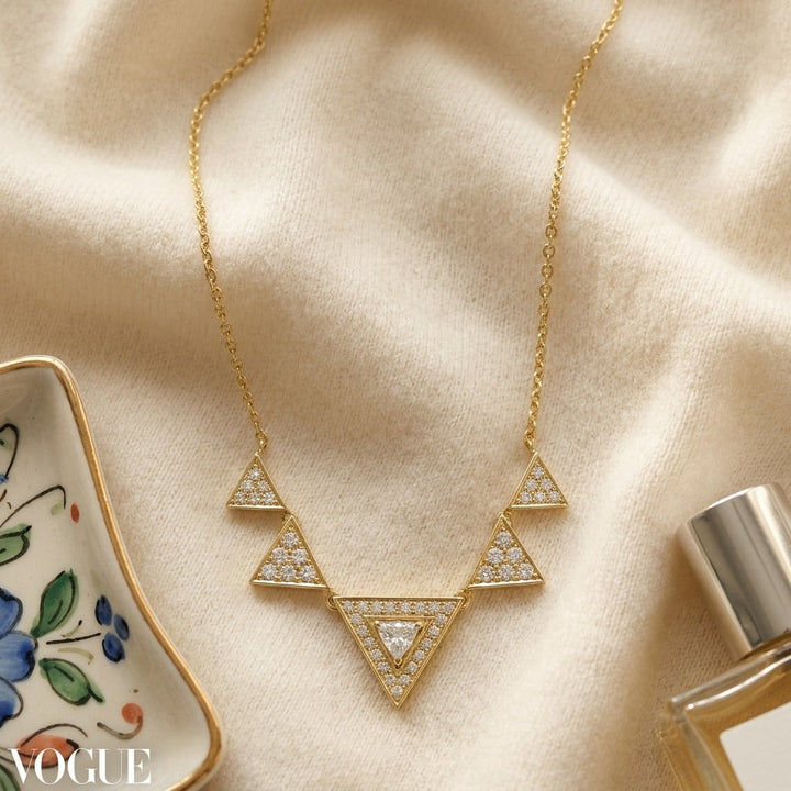 Diamond Trillion Triangle Necklace in 14K Yellow Gold - flat lay
