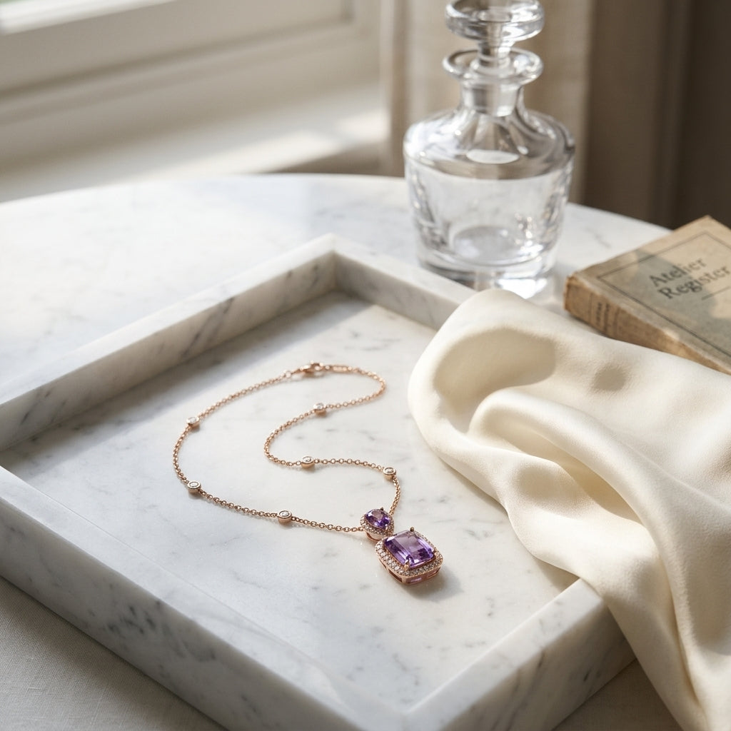 Blue Topaz & Diamond Dangle Cushion Halo Necklace with 18 Inch Chain in 14K Yellow Gold - editorial