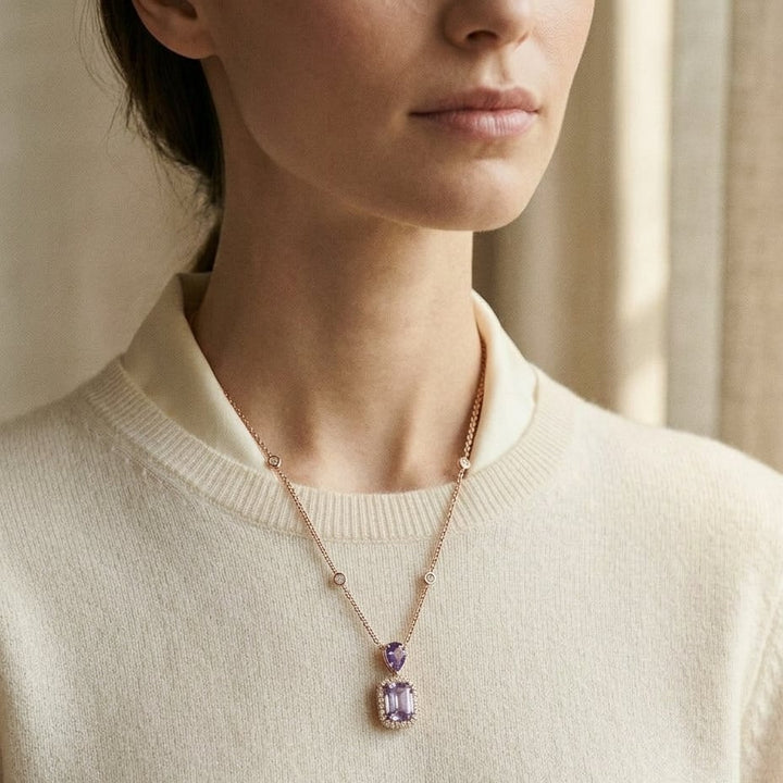 Blue Topaz & Diamond Dangle Cushion Halo Necklace with 18 Inch Chain in 14K Yellow Gold - lifestyle