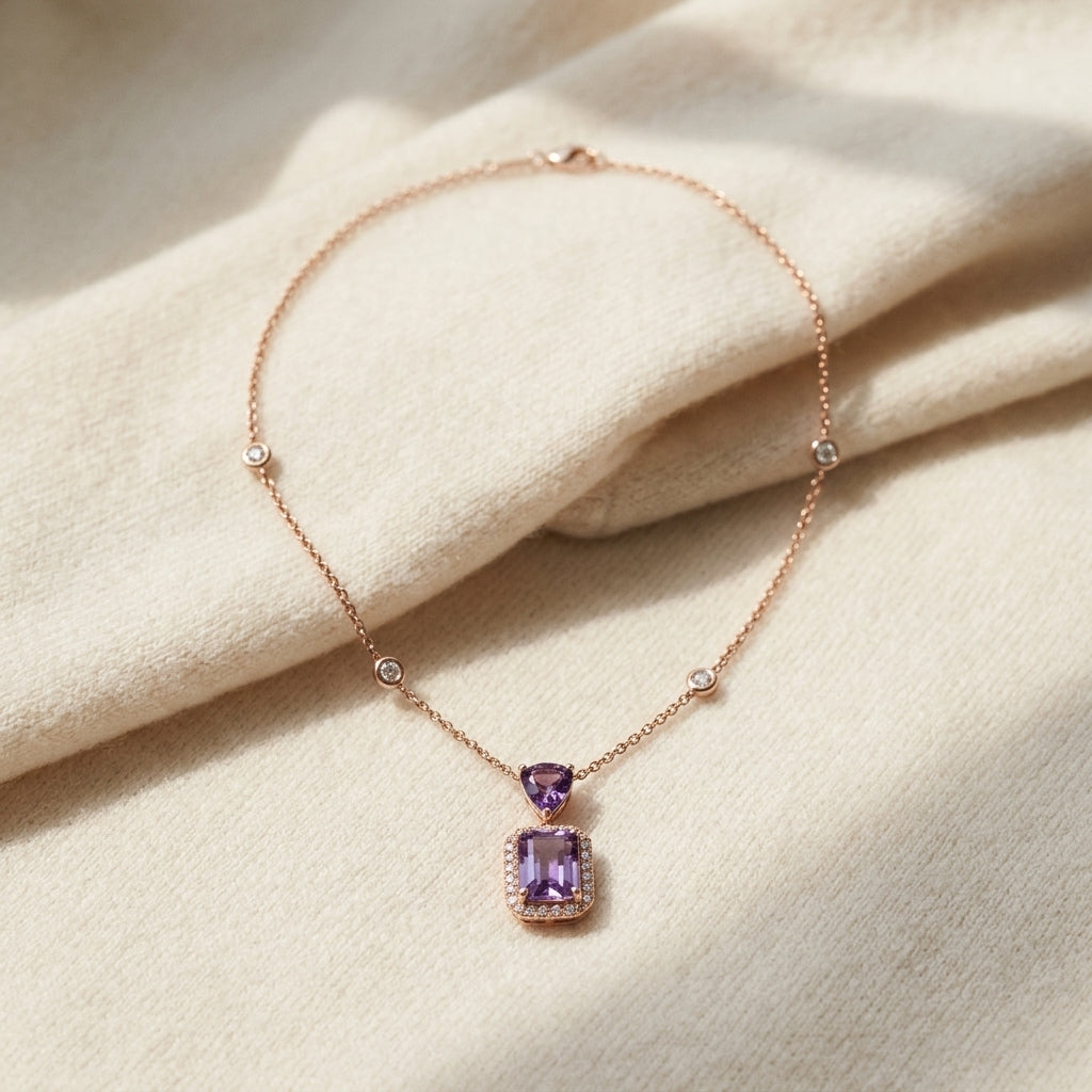 Blue Topaz & Diamond Dangle Cushion Halo Necklace with 18 Inch Chain in 14K Yellow Gold - flat lay