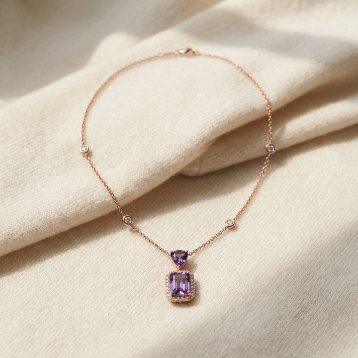 Blue Topaz & Diamond Dangle Cushion Halo Necklace with 18 Inch Chain in 14K Yellow Gold - flat lay