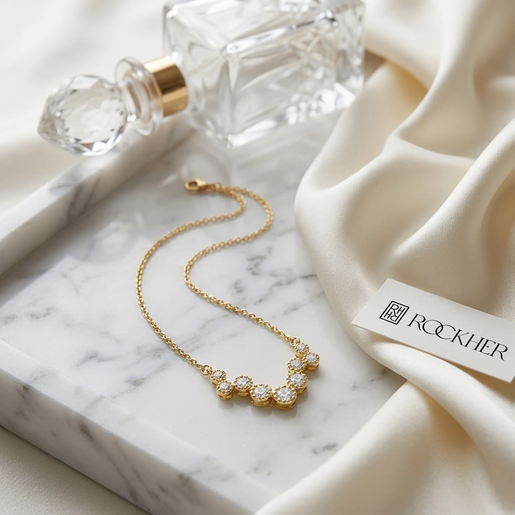 Diamond Prong Set Floating Circles Necklace in 14K Yellow Gold, on marble vanity tray with silk