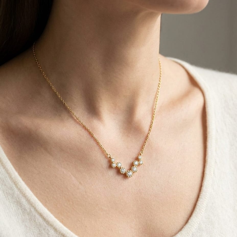 Diamond Prong Set Floating Circles Necklace in 14K Yellow Gold, worn close-up portrait