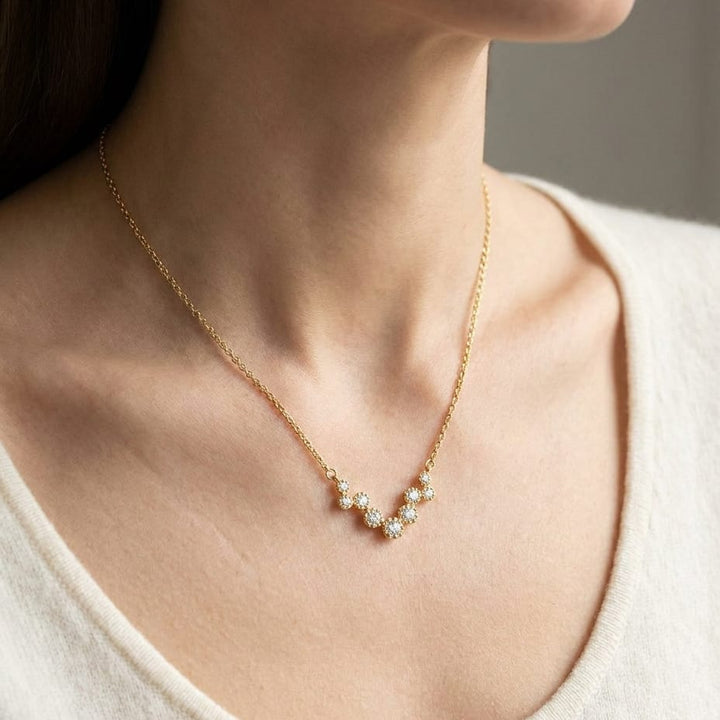 Diamond Prong Set Floating Circles Necklace in 14K Yellow Gold, worn close-up portrait