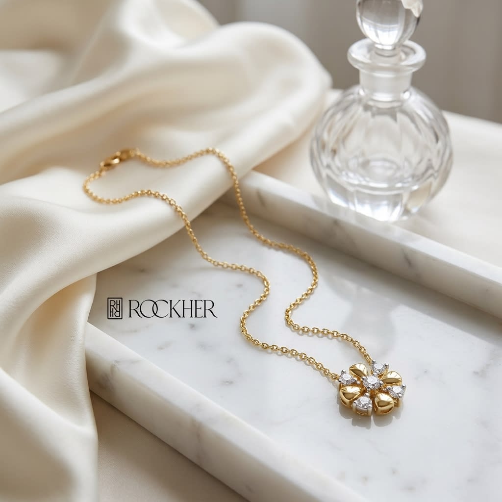 Diamond 4-cross Necklace With High-polish Accent in 14K Yellow Gold, 16-18 Inch, on marble vanity tray with silk