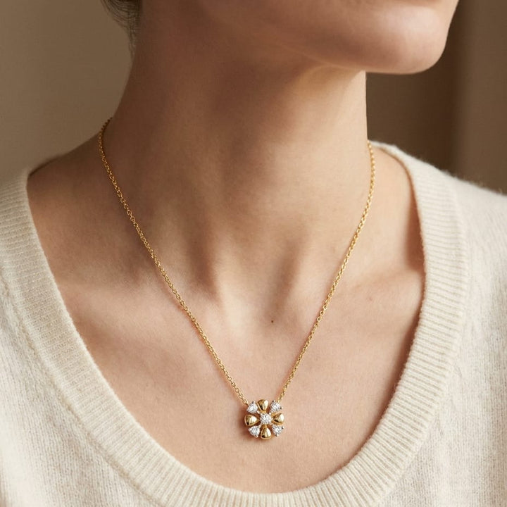 Diamond 4-cross Necklace With High-polish Accent in 14K Yellow Gold, 16-18 Inch, worn close-up portrait