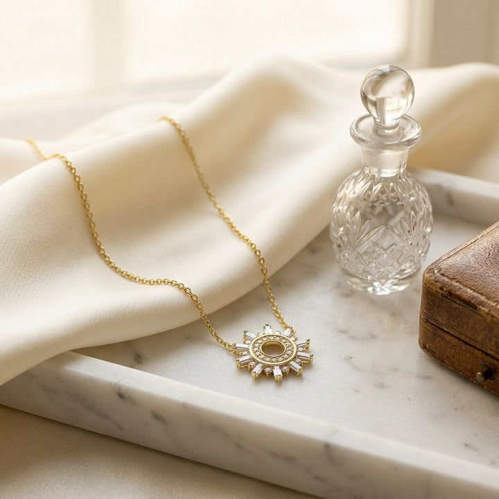 Diamond Round & Straight Baguette Starburst Necklace in 14K Yellow Gold - lifestyle