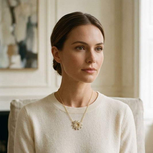 Diamond Round & Straight Baguette Starburst Necklace in 14K Yellow Gold - editorial
