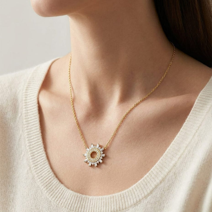 Diamond Round And Straight Baguette Starburst Necklace in 14K Yellow Gold, worn close-up portrait