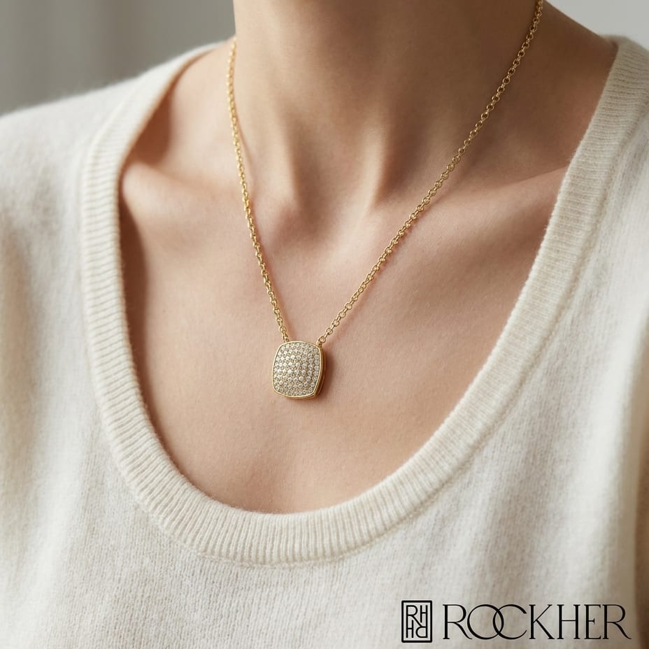 Diamond Pave Rounded Square Disk Necklace in 14K Yellow Gold, worn close-up portrait