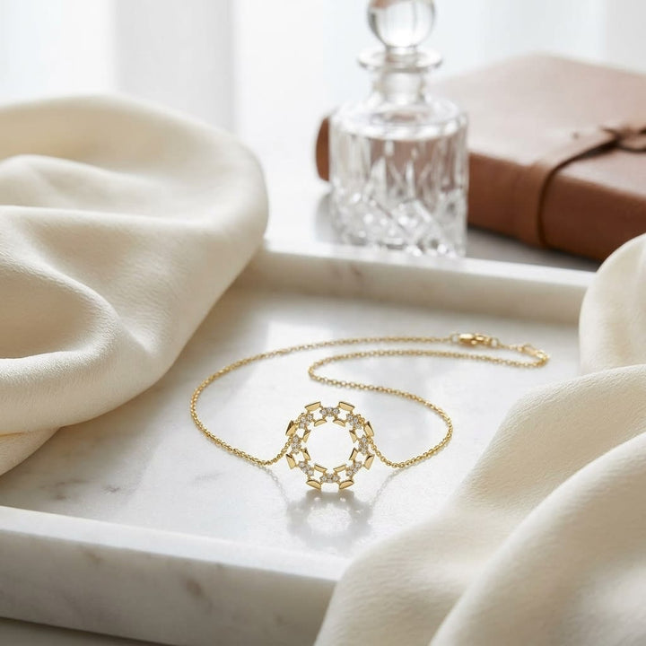Diamond High Polish Open Wreath Necklace in 14K Yellow Gold, 16-18 Adj Chain, on marble vanity tray with silk