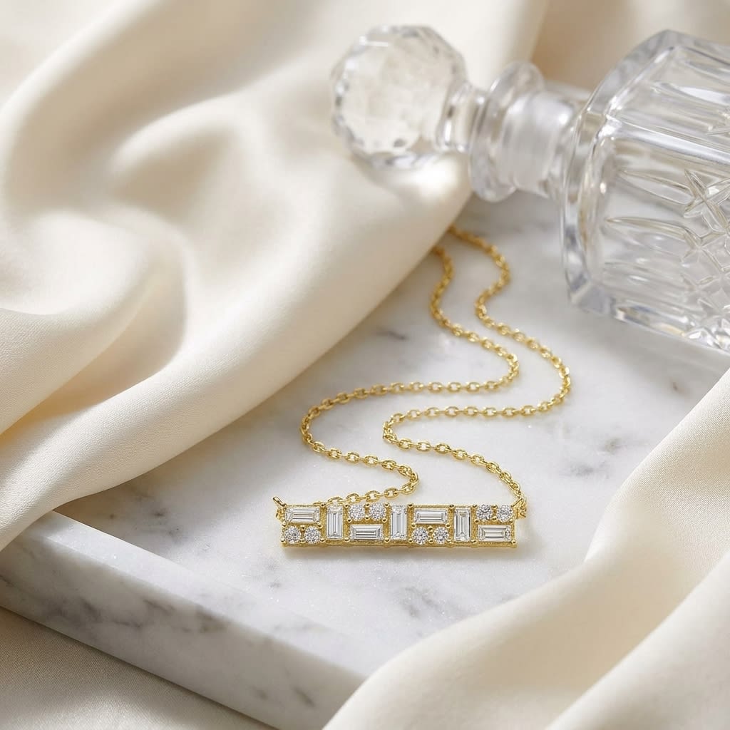 Diamond Baguette And Round Mosaic Bar Necklace in 14K Yellow Gold, 16-18 Inch Adj Chain, on marble vanity tray with silk