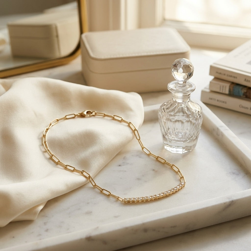 Ruby & Diamond Curved Bar 9/10ctw Paperclip Chain 16" Necklace in 14K Yellow Gold - lifestyle