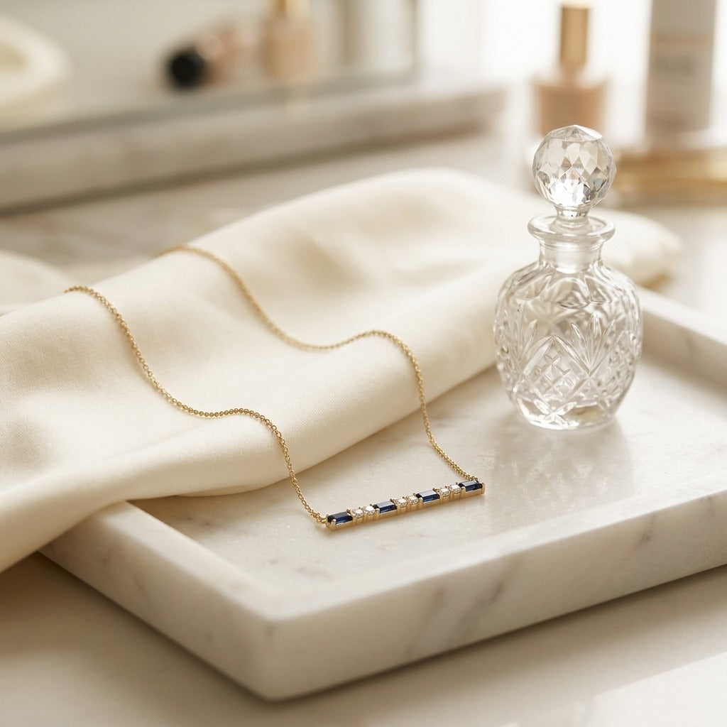 Citrine Bar with Round Diamond Necklace in 14K Yellow Gold - editorial