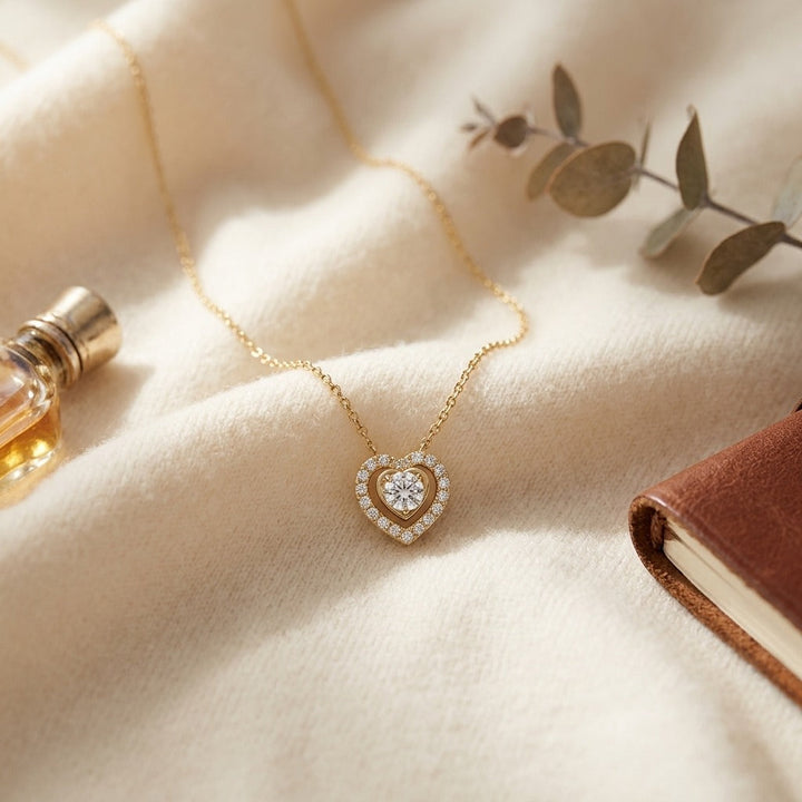 Diamond Heart Necklace 3/8ctw 16-18 Inch Adjustable Chain in 14K Yellow Gold - flat lay
