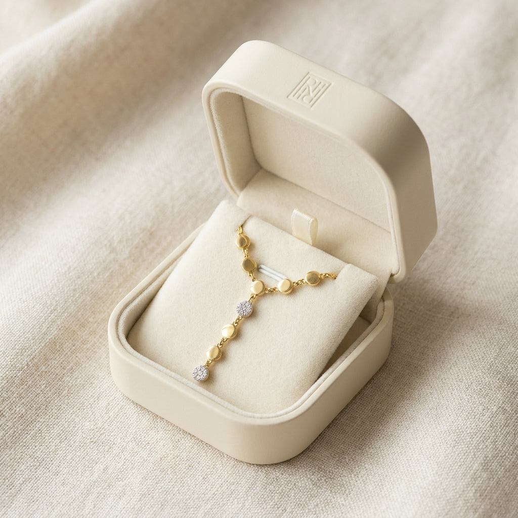 Diamond Linear Drop Necklace in 14k Yellow Gold 0.09ctw, in navy velvet jewelry box