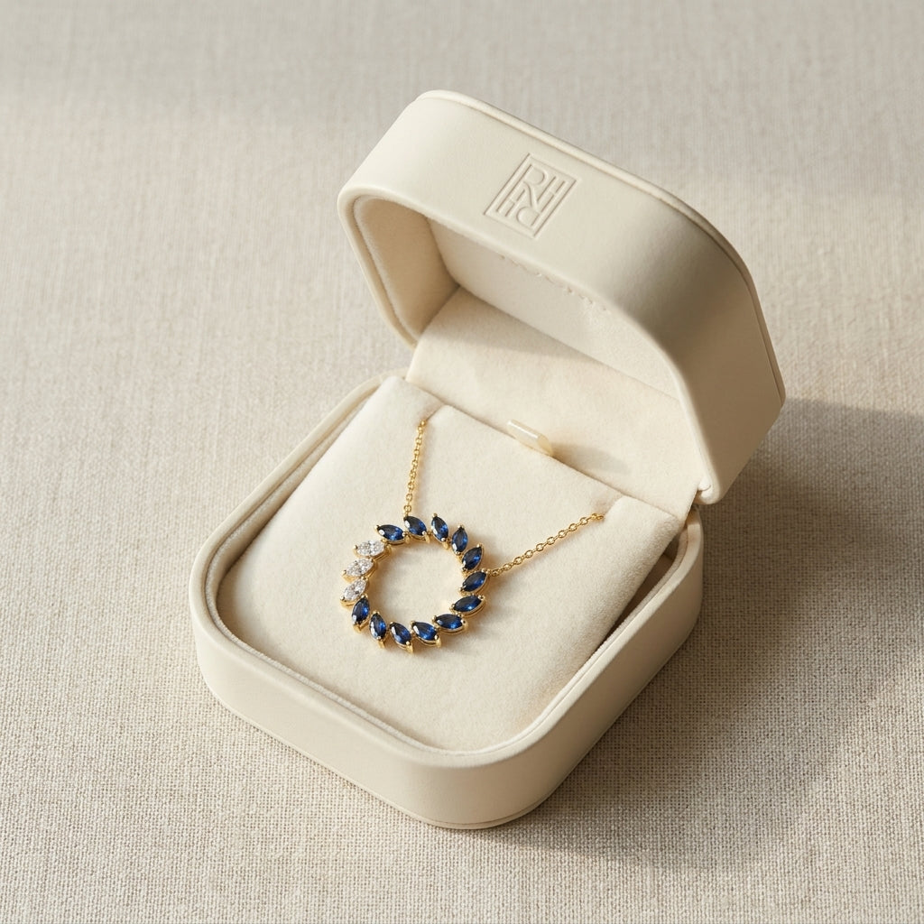 Sapphire And Diamond Marquise Wreath Necklace In 14k Yellow Gold 0.21ctw, in navy velvet jewelry box