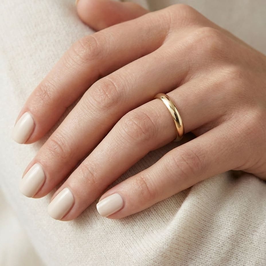 2mm Slightly Domed Traditional Oval Wedding Band in 14K Yellow Gold, worn on hand, close-up