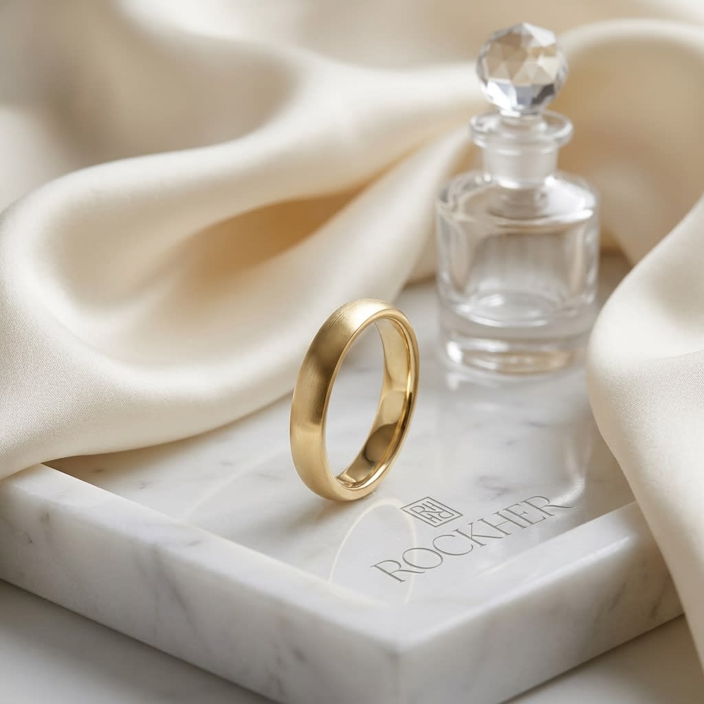 2mm Slightly Domed Traditional Oval Wedding Band in 14K Yellow Gold, on marble vanity tray with silk