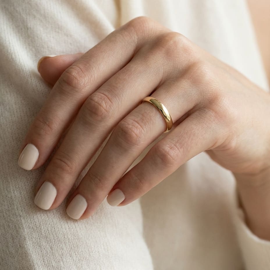 3mm Slightly Domed Traditional Oval Wedding Band in 14K Yellow Gold, worn on hand, close-up
