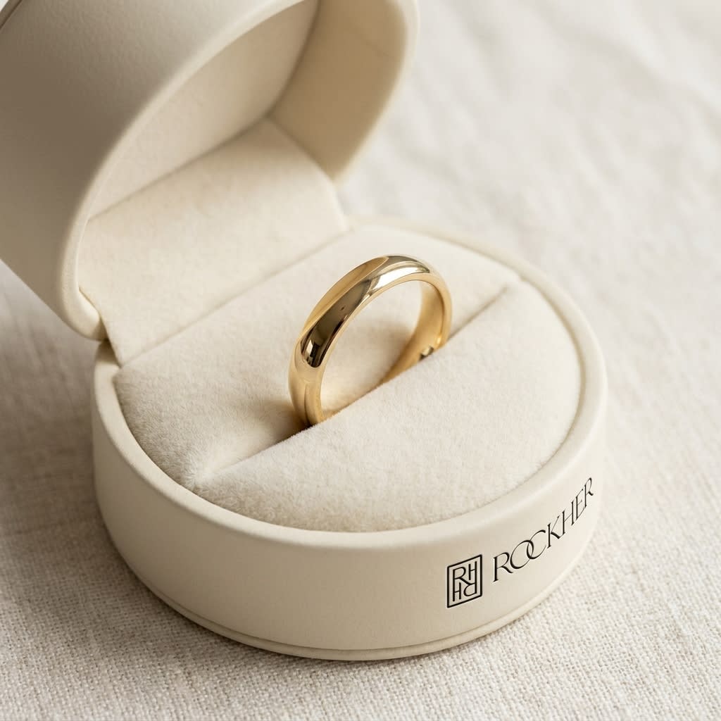 3mm Slightly Domed Traditional Oval Wedding Band in 14K Yellow Gold, in navy velvet jewelry box