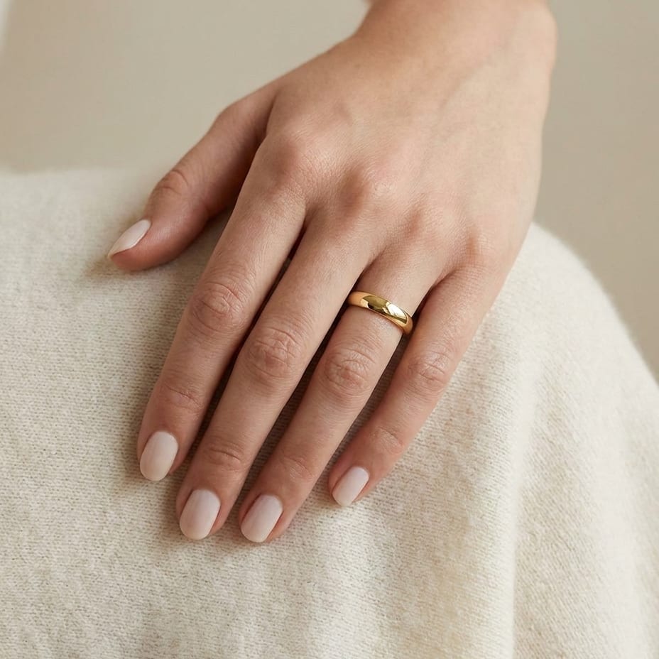 4mm Slightly Domed Traditional Oval Wedding Band in 14K Yellow Gold, worn on hand, full view