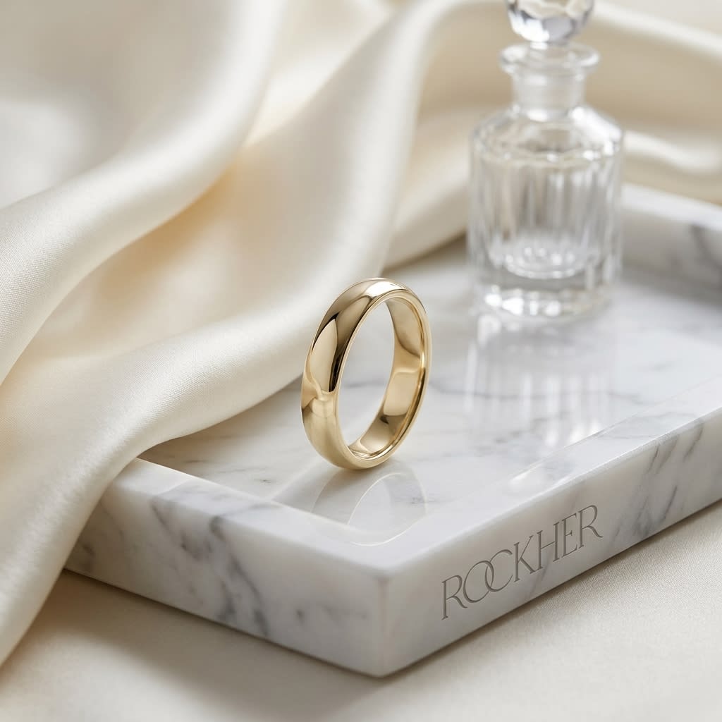 4mm Slightly Domed Traditional Oval Wedding Band in 14K Yellow Gold, on marble vanity tray with silk