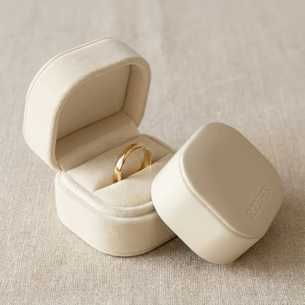 4mm Slightly Domed Traditional Oval Wedding Band in 14K Yellow Gold, in navy velvet jewelry box