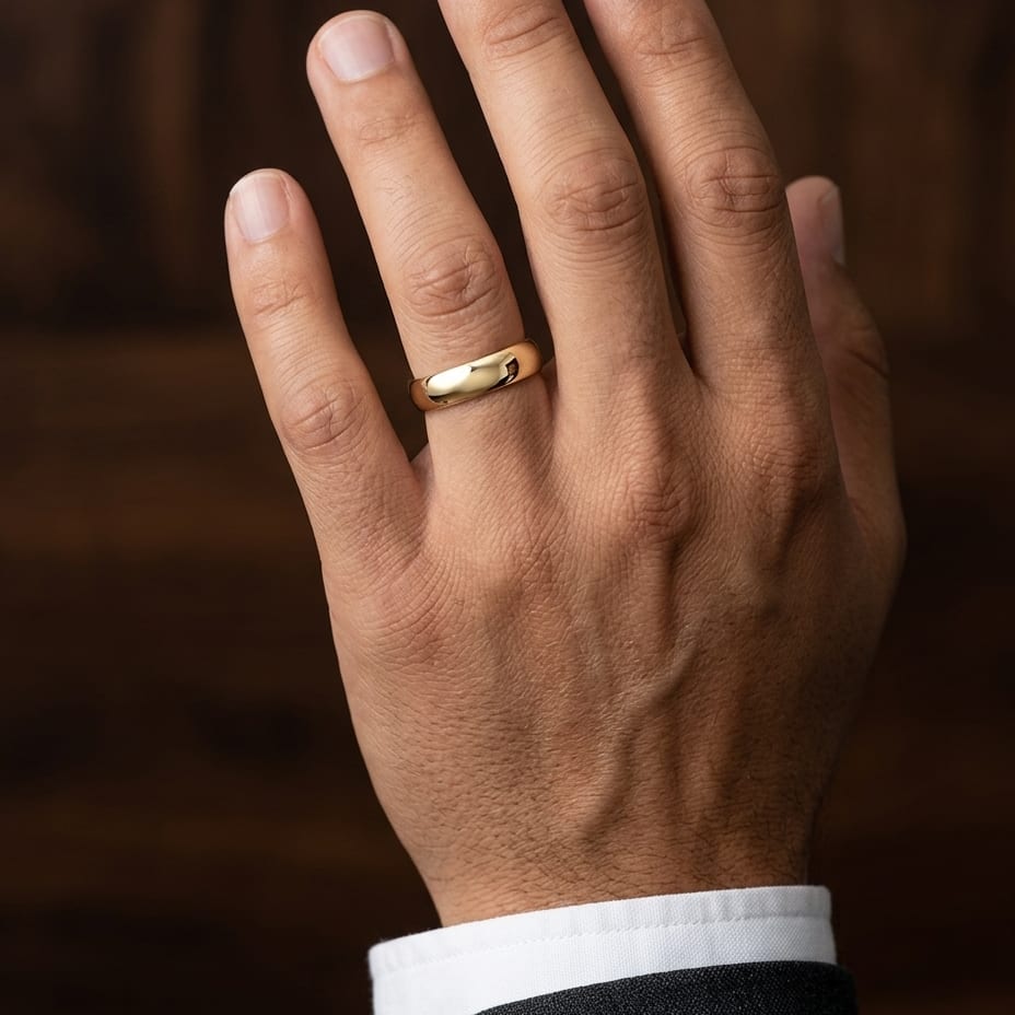 5mm Slightly Domed Traditional Oval Wedding Band in 14K Yellow Gold, worn on hand, masculine close-up