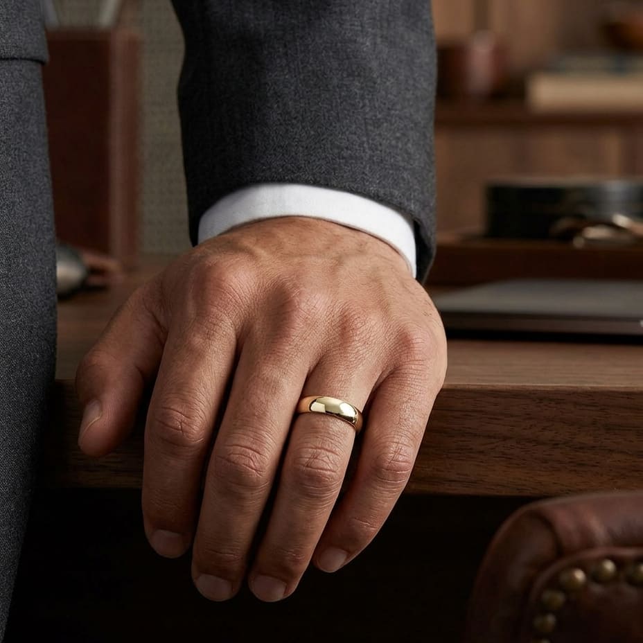 5mm Slightly Domed Traditional Oval Wedding Band in 14K Yellow Gold, worn on hand, masculine full view