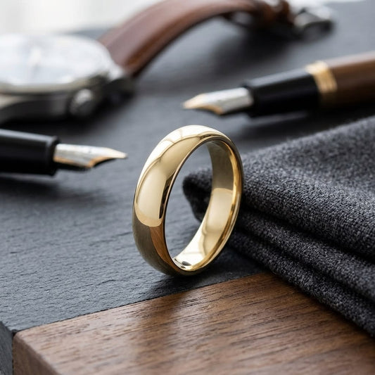 5mm Slightly Domed Traditional Oval Wedding Band in 14K Yellow Gold, on walnut surface with pocket square