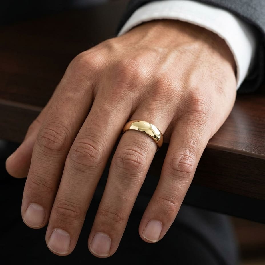6mm Slightly Domed Traditional Oval Wedding Band in 14K Yellow Gold, worn on hand, masculine close-up