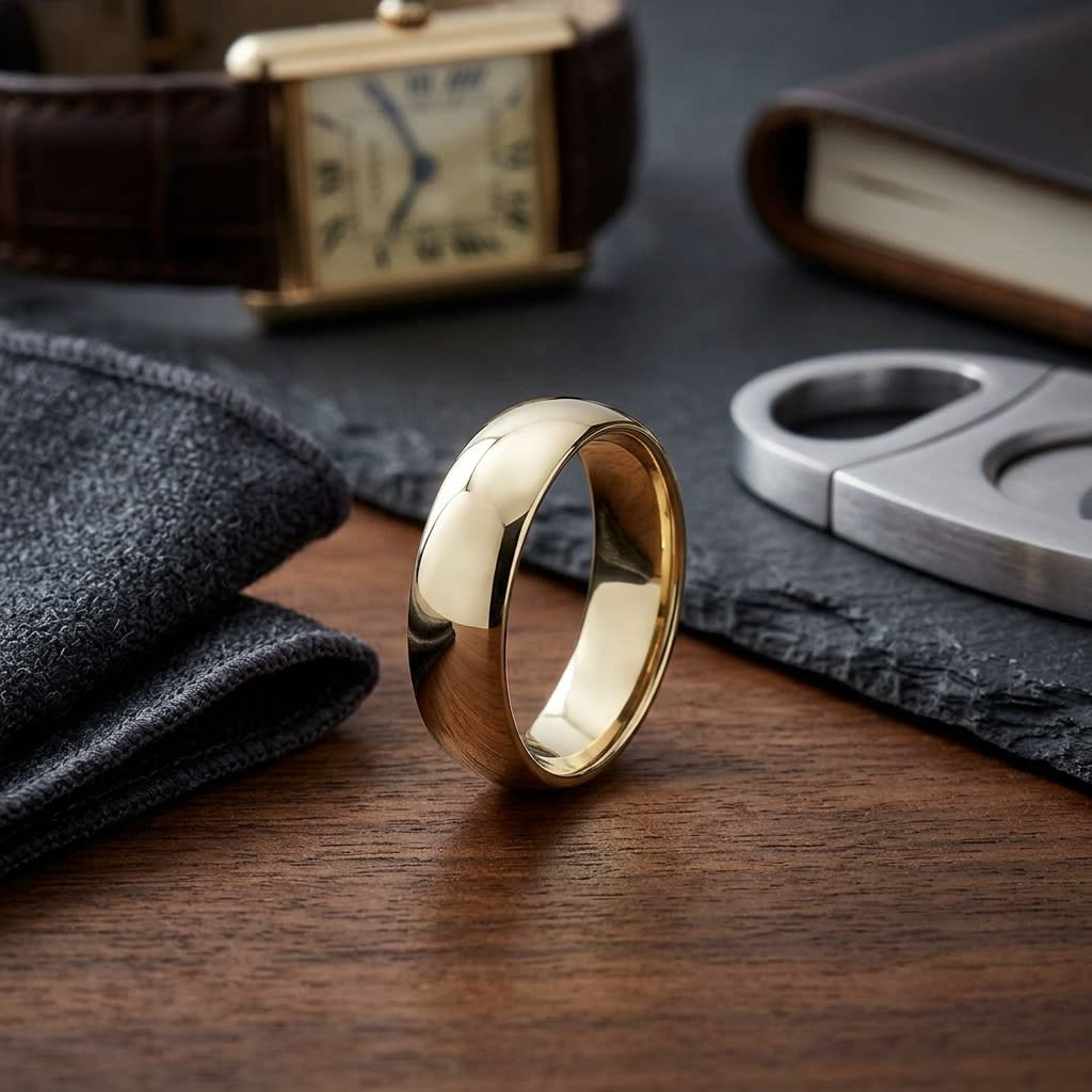 6mm Slightly Domed Traditional Oval Wedding Band in 14K Yellow Gold, on walnut surface with pocket square