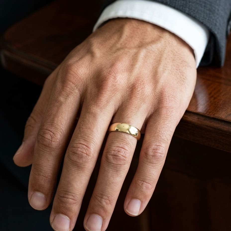 7mm Slightly Domed Traditional Oval Wedding Band in 14K Yellow Gold, worn on hand, masculine close-up