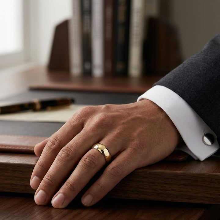 7mm Slightly Domed Traditional Oval Wedding Band in 14K Yellow Gold, worn on hand, masculine full view
