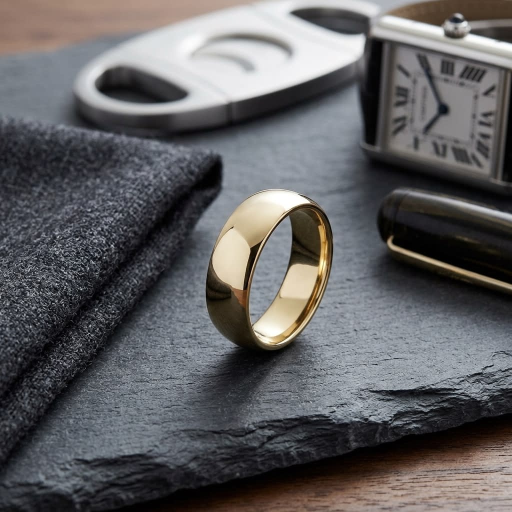7mm Slightly Domed Traditional Oval Wedding Band in 14K Yellow Gold, on walnut surface with pocket square