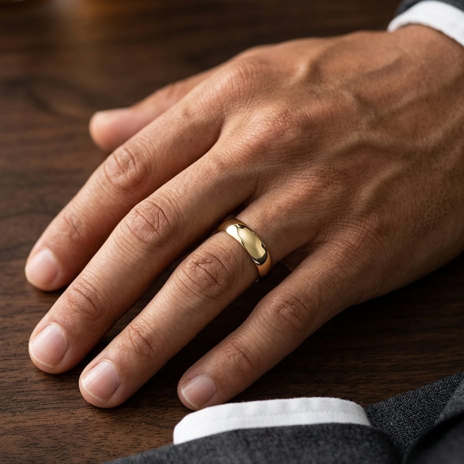 8mm Slightly Domed Traditional Oval Wedding Band in 14K Yellow Gold, worn on hand, masculine close-up