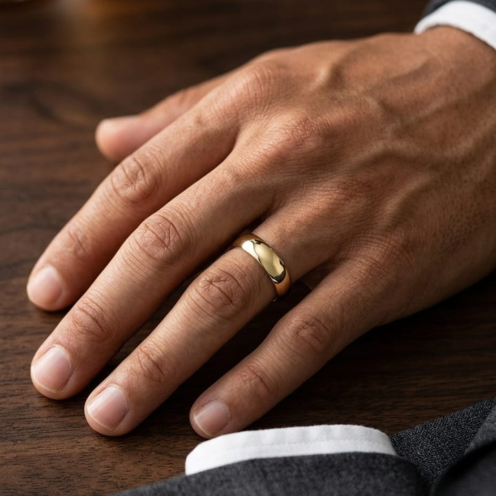 8mm Slightly Domed Traditional Oval Wedding Band in 14K Yellow Gold, worn on hand, masculine close-up