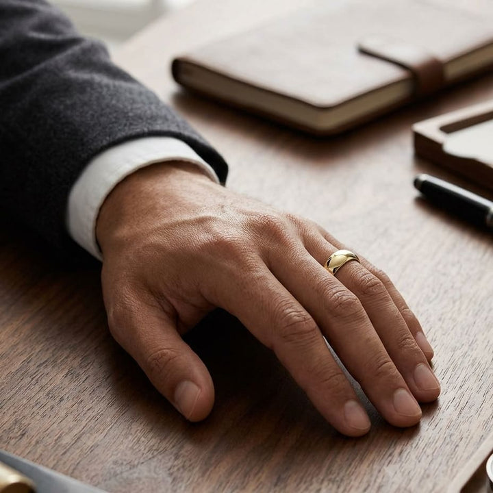 8mm Slightly Domed Traditional Oval Wedding Band in 14K Yellow Gold, worn on hand, masculine full view