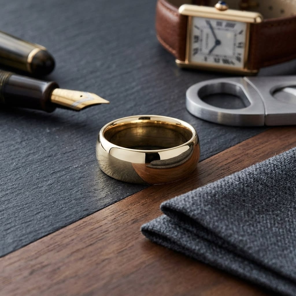 8mm Slightly Domed Traditional Oval Wedding Band in 14K Yellow Gold, on walnut surface with pocket square