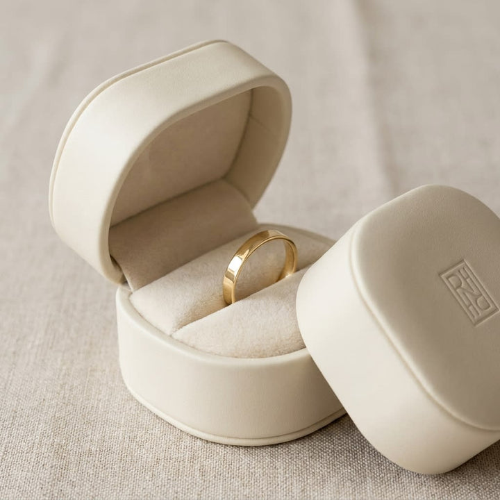 3mm Traditional Flat Wedding Band in 14K Yellow Gold, in navy velvet jewelry box